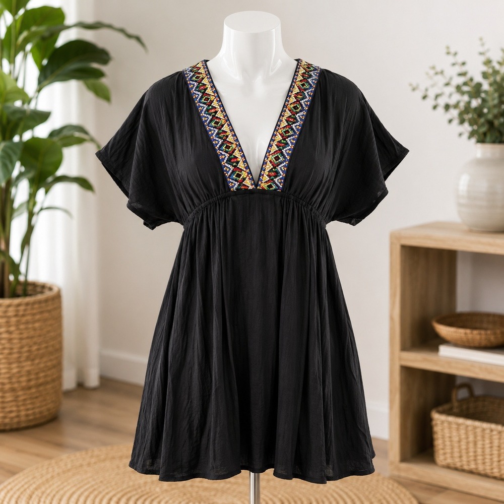 NWT Cupshe Cover Up Dress  XS Black Embroidered V-Neck Crinkle CAA07B3M007AA
